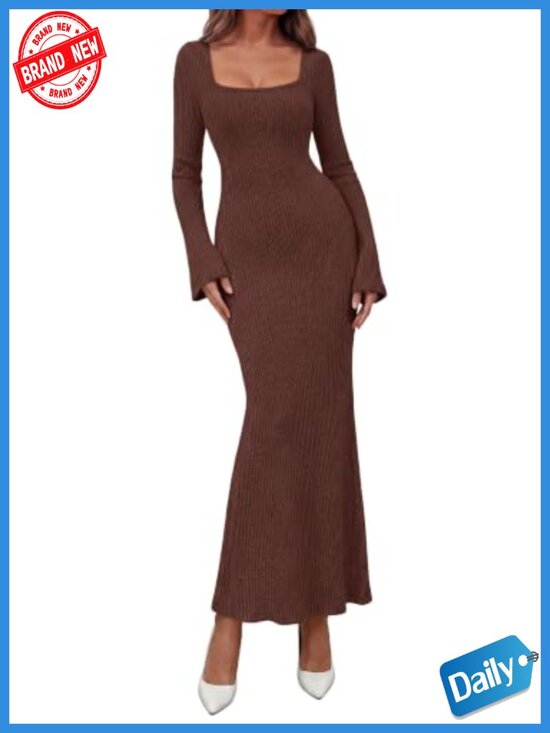 Dresses & Skirts - PRETTYGARDEN Women's Long Sleeve Maxi Bodycon Dress Ribbed Knit Bell Sleeve
